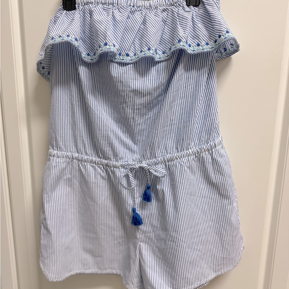 NWT Vineyard Vines Strapless Embroidered Ruffle Romper in Blue & White Stripes